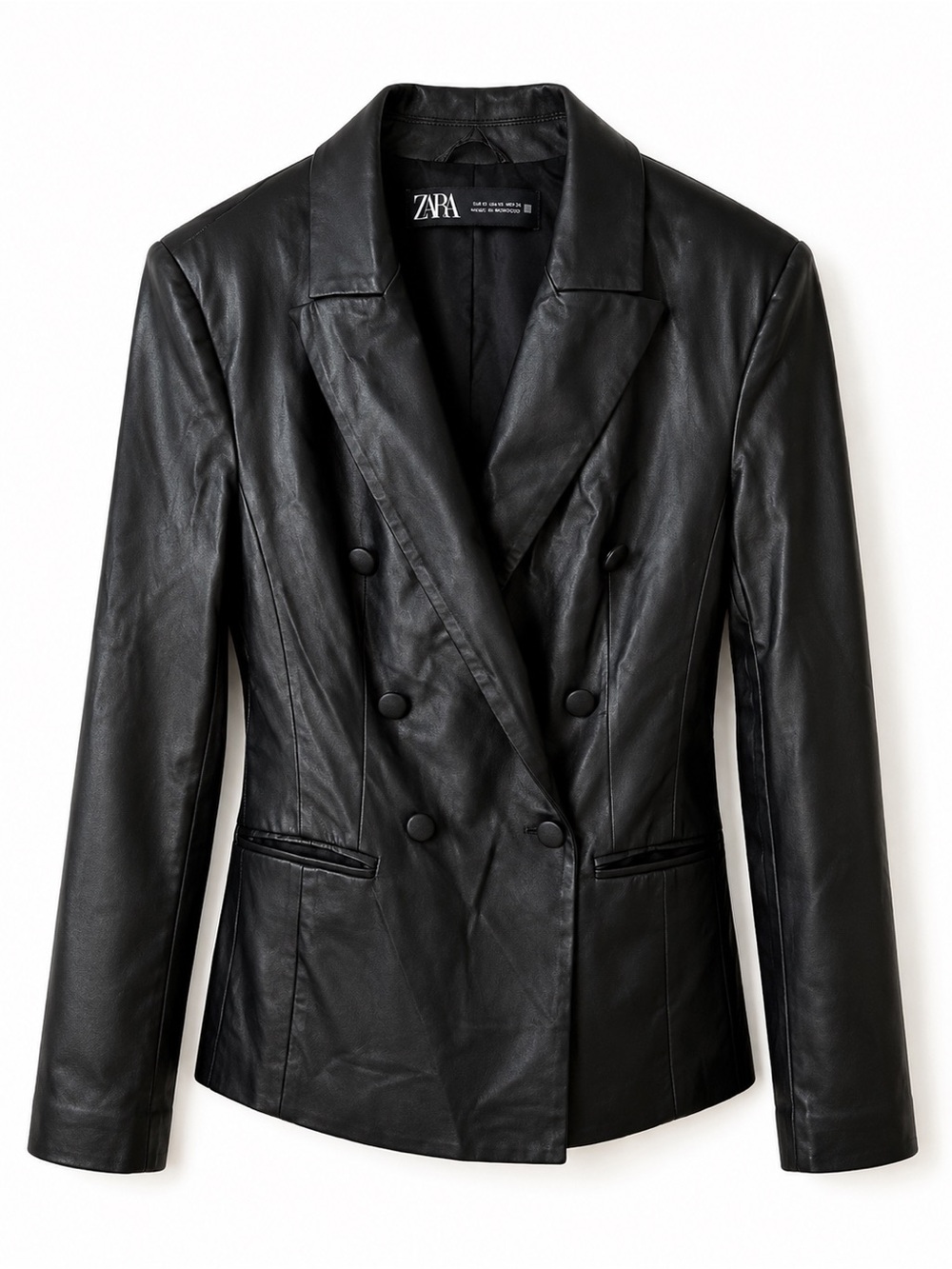 ZARA Black Double-Breasted Faux Leather Blazer Jacket